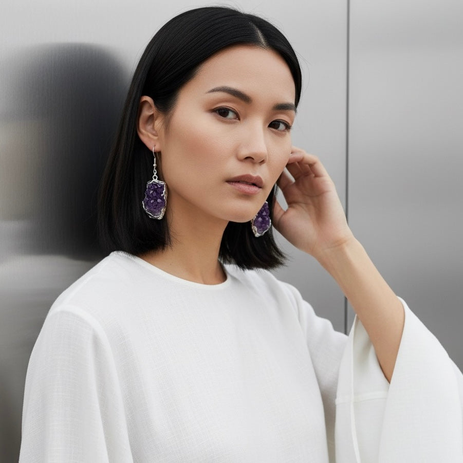 AMARA Raw Amethyst Cluster Dangle Charm Earrings Silver