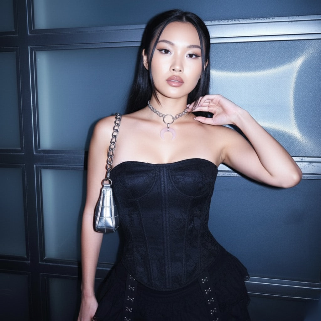 AURA Collier ras du cou en argent avec anneau en corne de lapis-lazuli et chaîne de blé