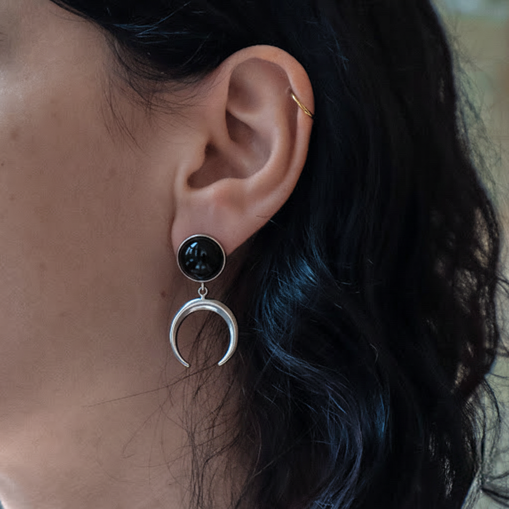 ANUK Black Onyx Crescent Moon Charm Earrings Silver