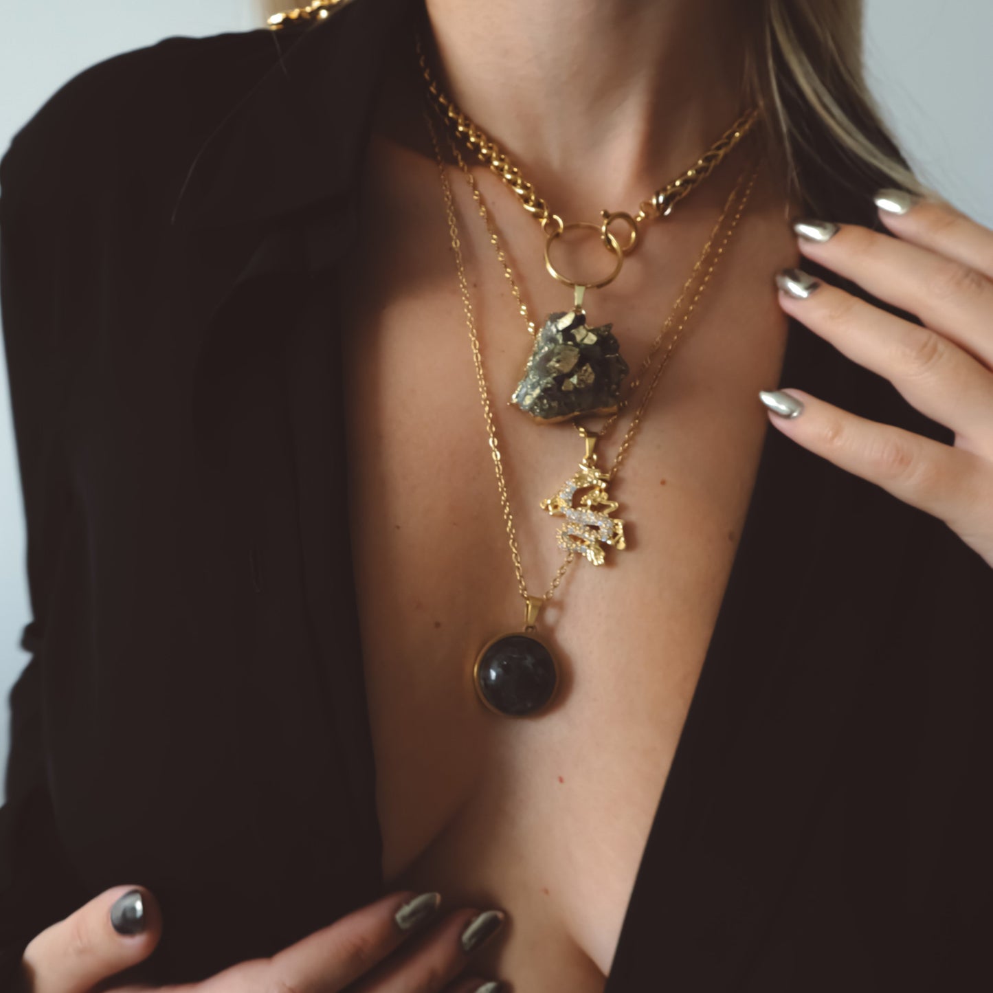 SAYA Collier Pendentif Larvikite Argent