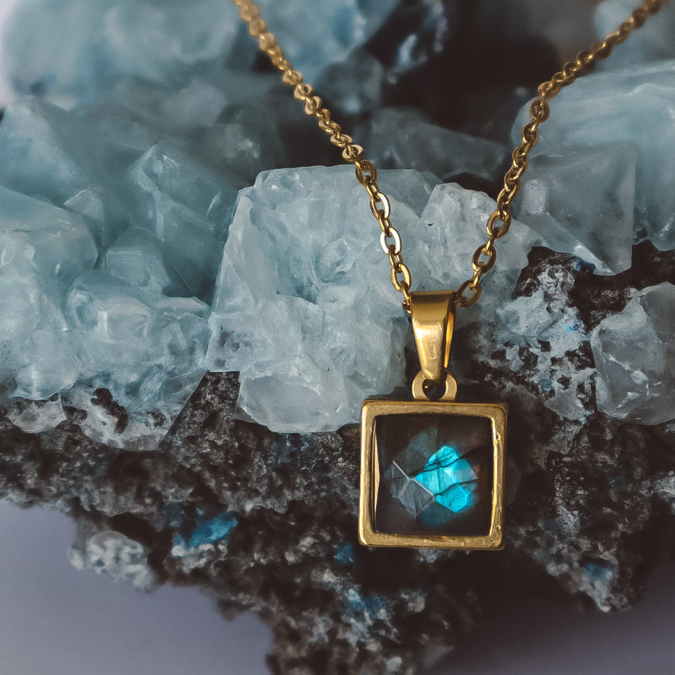 VARG Blue Labradorite Square Pendant Necklace - Gold