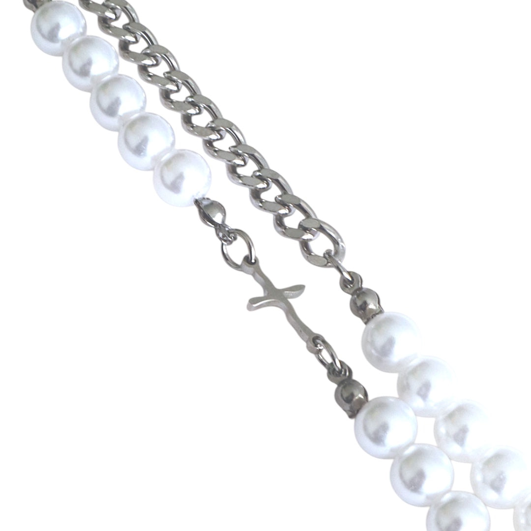 LUNAR DRIFT Rainbow Moonstone Cuban Chain & Pearl Necklace