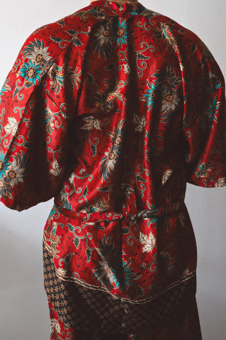 Red Floral Silk Kimono Shorts Set Mens - Camellia