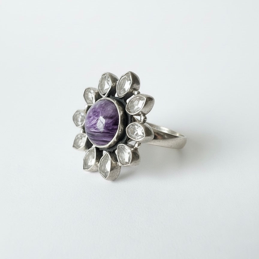 Bague Fleur en Argent avec Charoïte et Diamant Herkimer CELESTIAL BLOOM