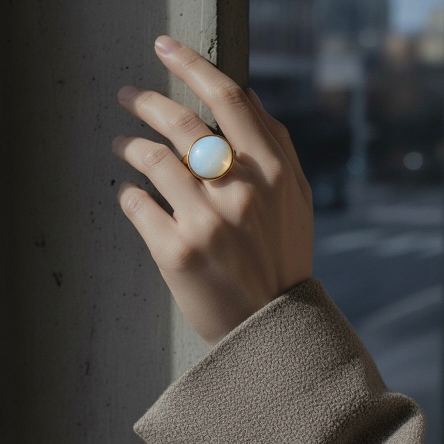 Hand wearing a ring with a light stone, holding onto a pole with a blurred street background