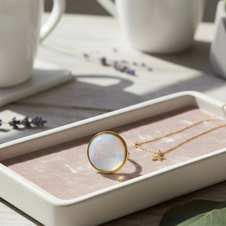 Necklace with a gold chain and pendant on a jewelry tray with a cup and saucer in the background.