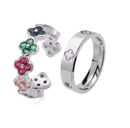 FLEUR DU SOLEIL Cubic Zirconia Flower Rings 2pc Set Silver