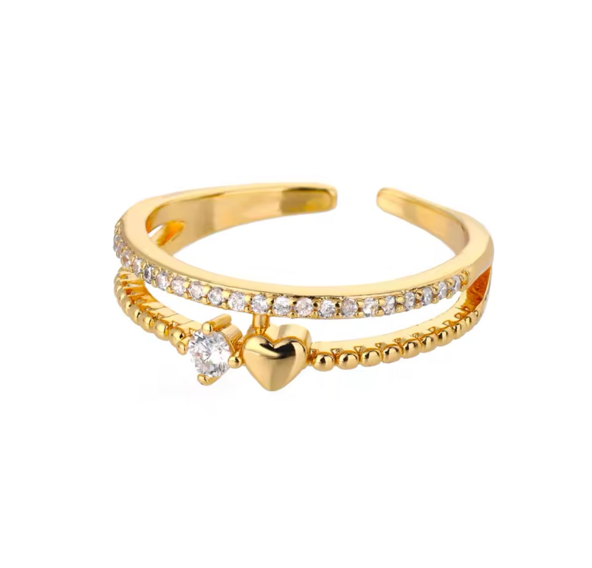 U+ME Double Band Heart Charm Zirconia Ring Gold