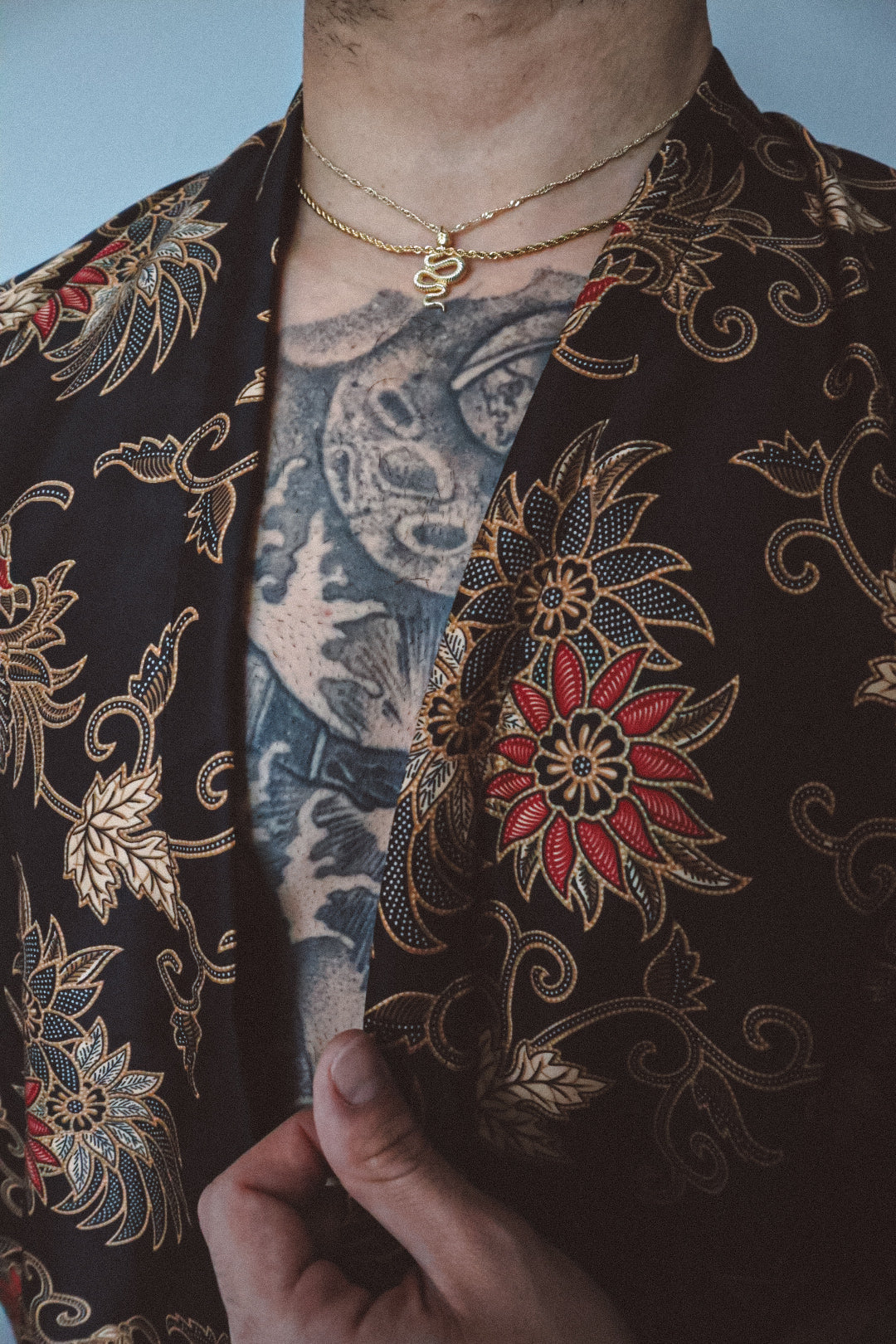 Black Gold Floral Silk Kimono Shorts Set Mens
