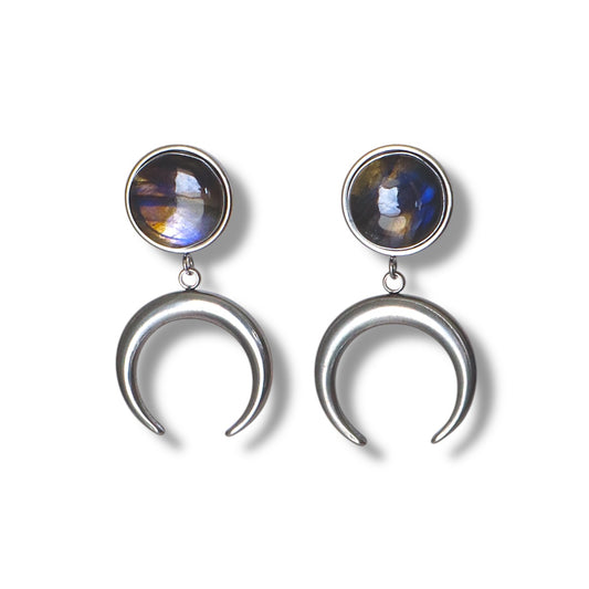 ANUK Labradorite Stud Crescent Moon Earrings Silver