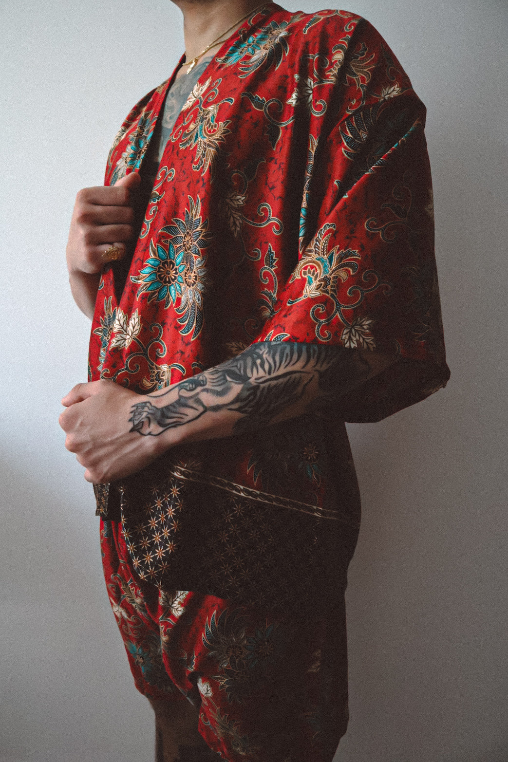 Red Floral Silk Kimono Shorts Set Mens - Camellia