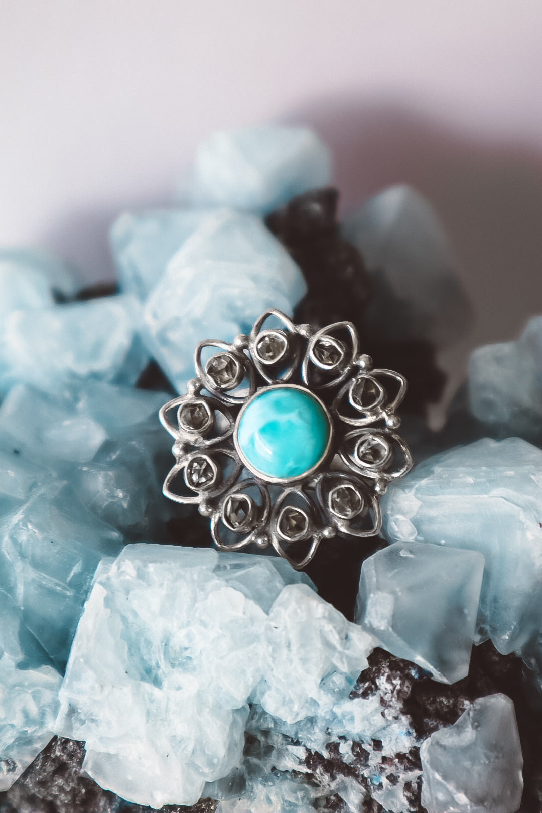 Bague DOMINICA Larimar et Diamant Herkimer Argent