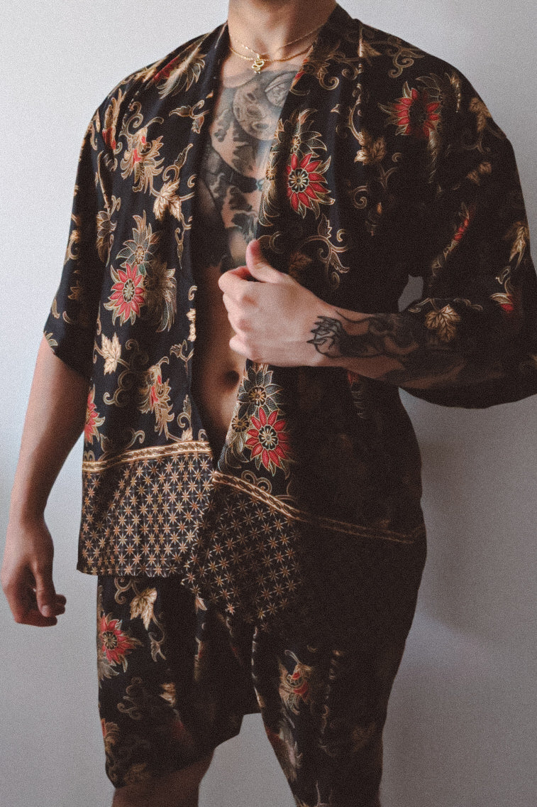 Black Gold Floral Silk Kimono Shorts Set Mens