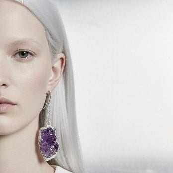 AMARA Raw Amethyst Cluster Chain Charm Earrings Silver