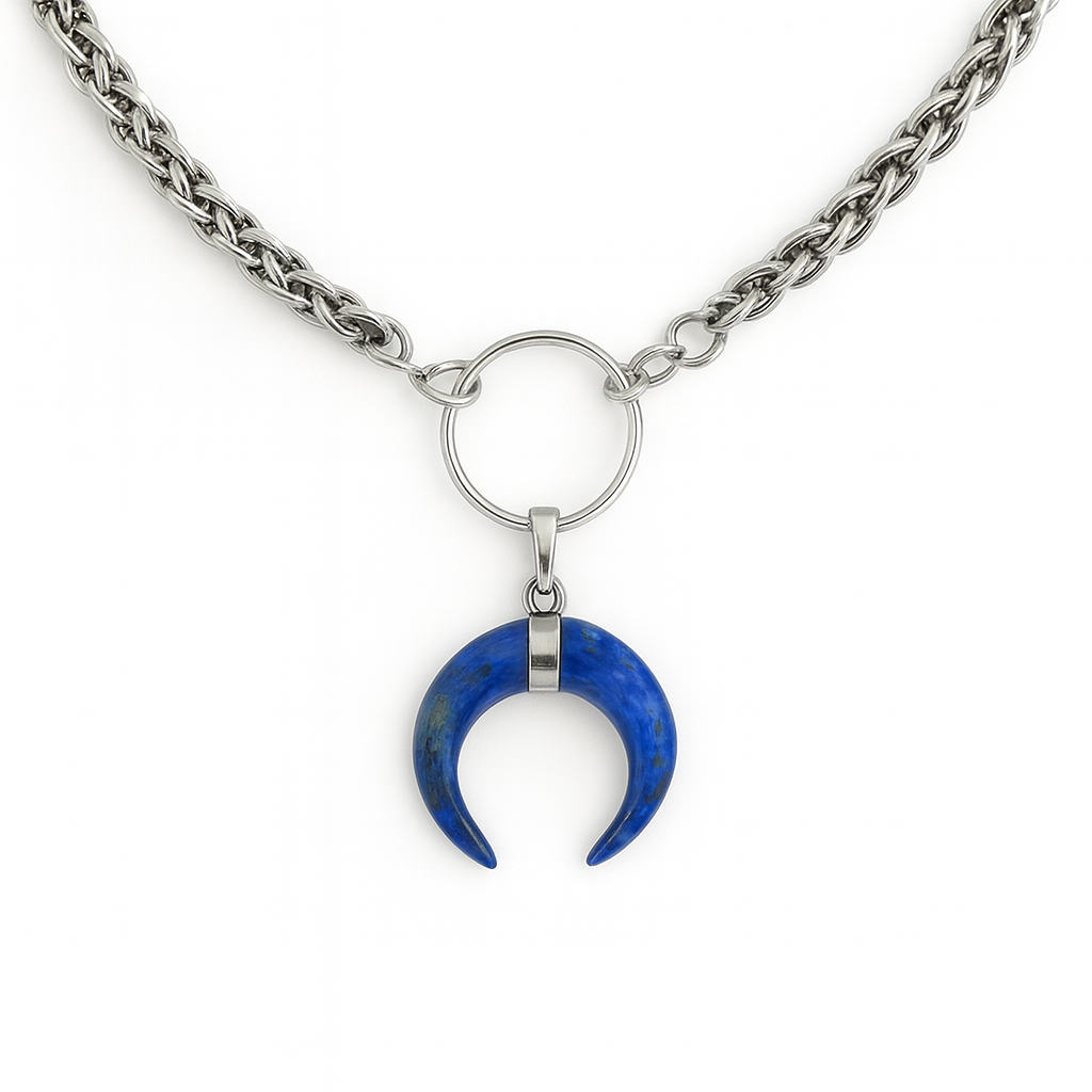 AURA Lapis Lazuli Horn O Ring Wheat Chain Choker Silver