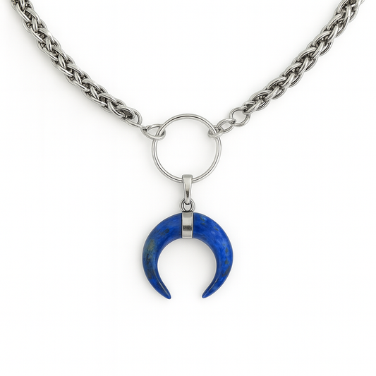 AURA Lapis Lazuli Horn O Ring Wheat Chain Choker Silver