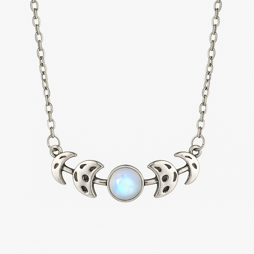 Necklace with a central moonstone and crescent moon pendants on a white background