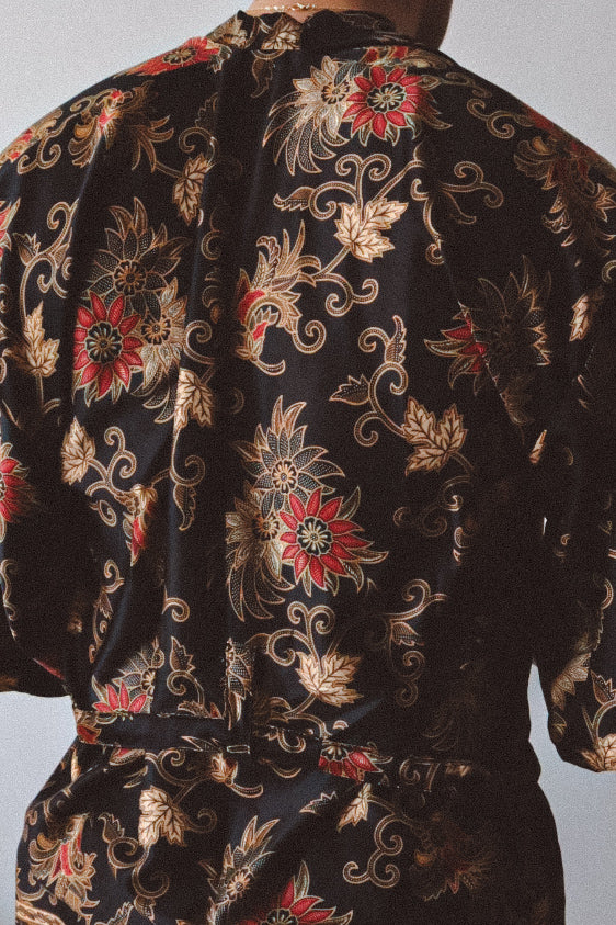 Black Gold Floral Silk Kimono Shorts Set Mens