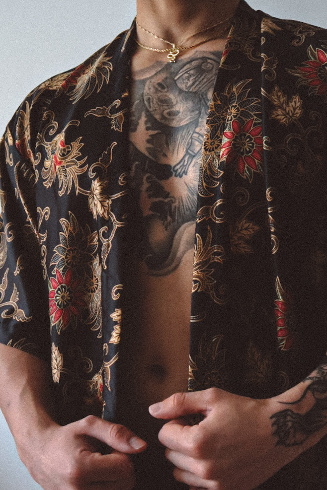 Black Gold Floral Silk Kimono Shorts Set Mens