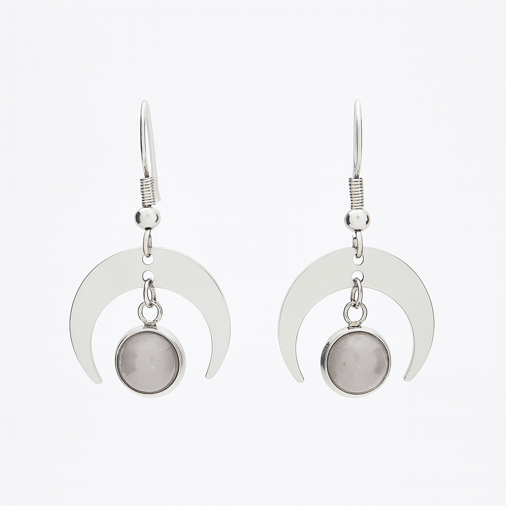 MOON SHADOW Rose Quartz Dainty Moon Earrings Silver
