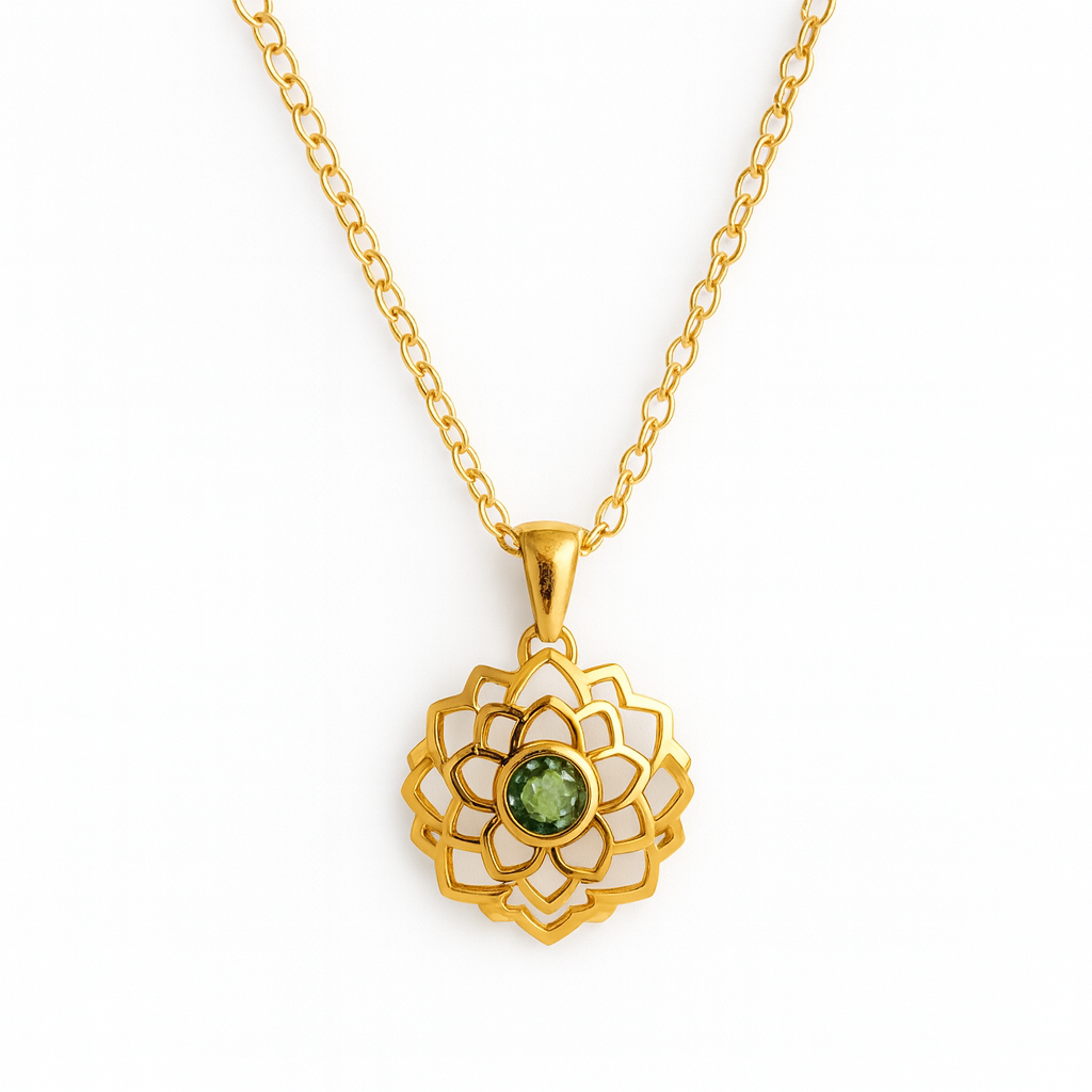 LOTUS Faceted Moldavite Flower Pendant Necklace 18k Gold Vermeil