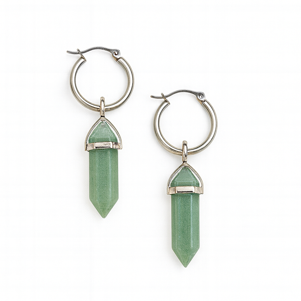 Silver hoop earrings with green stone pendants on a white background