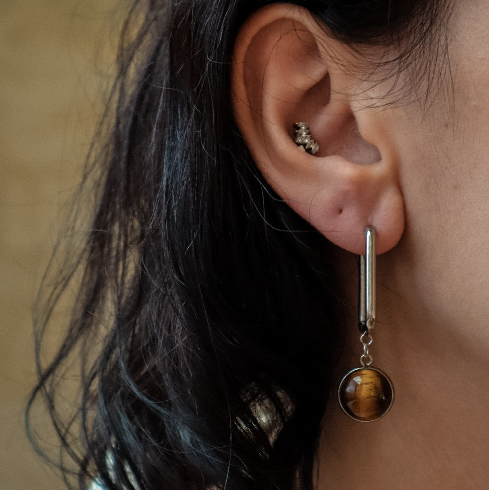 CARRE Tiger's Eye Rectangle Hoop Earrings Silver