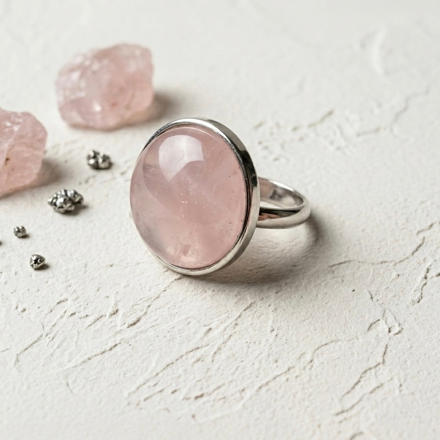 AYA Rose Quartz Statement Ring Silver