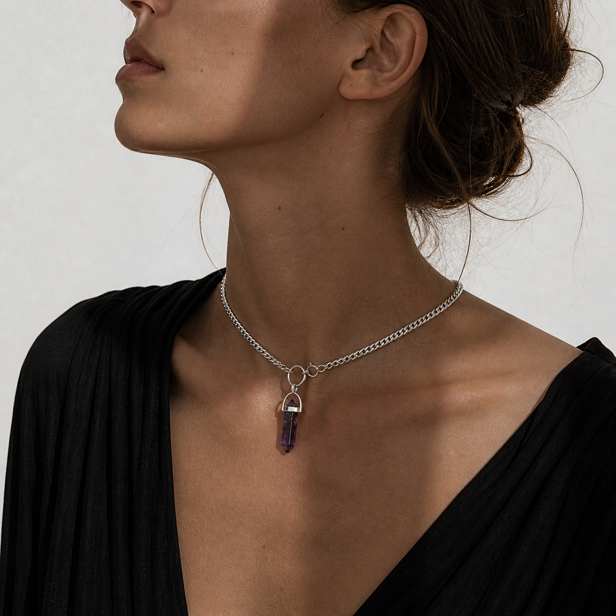 VAYRA Amethyst Point O Ring Choker Necklace Silver