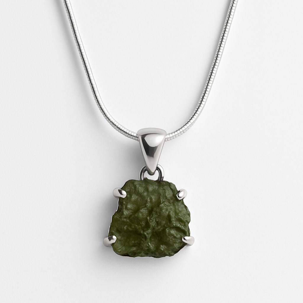 CELESTIAL IMPACT Raw Moldavite Pendant Necklace 925 Silver