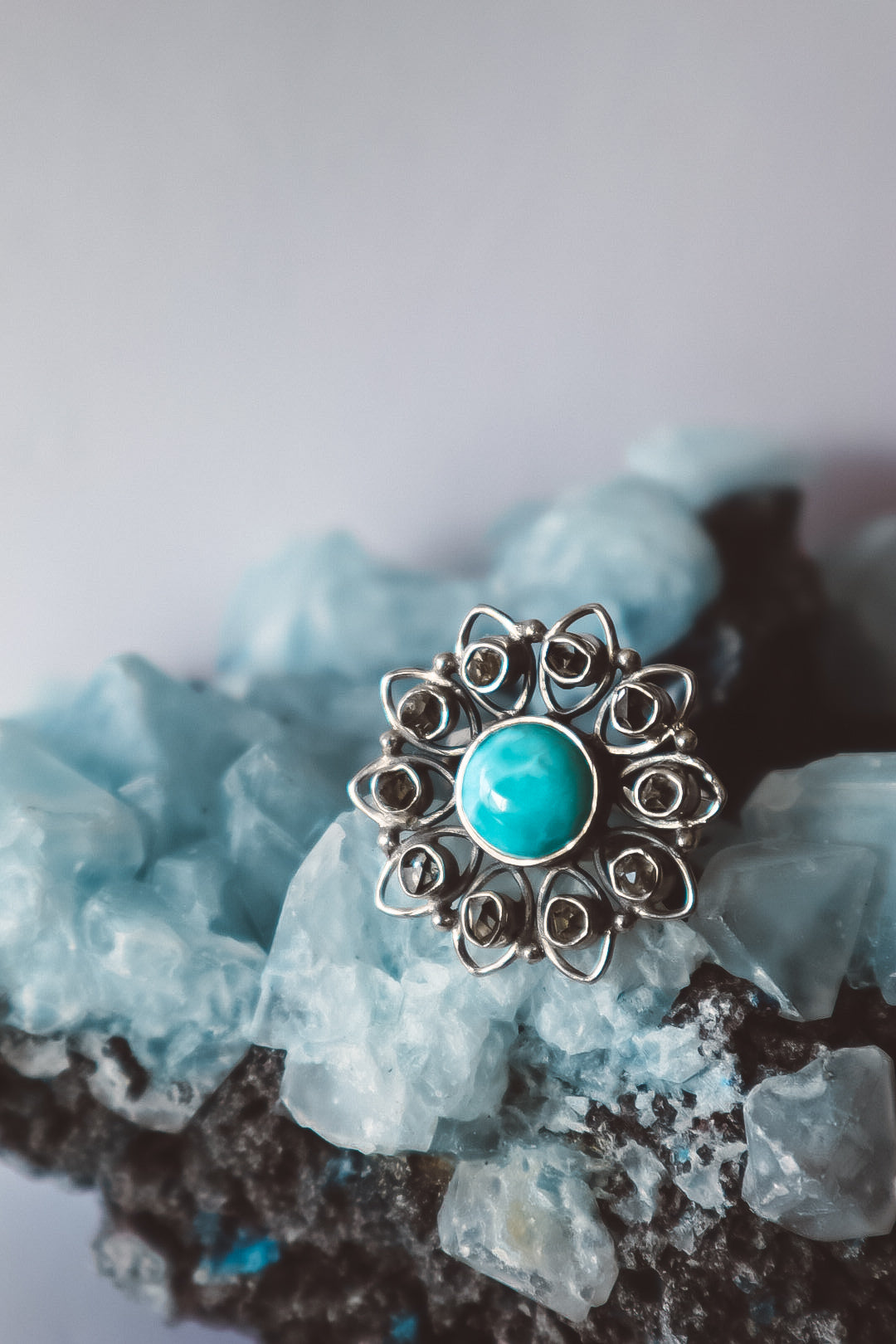 Bague DOMINICA Larimar et Diamant Herkimer Argent