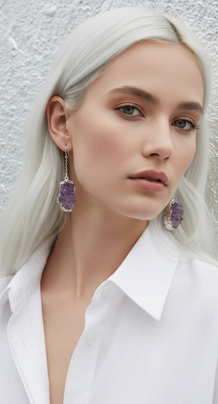 AMARA Raw Amethyst Cluster Chain Charm Earrings Silver