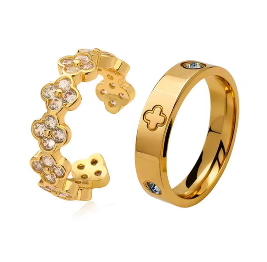 FLEUR DU SOLEIL Cubic Zirconia Flower Rings 2pc Set Gold