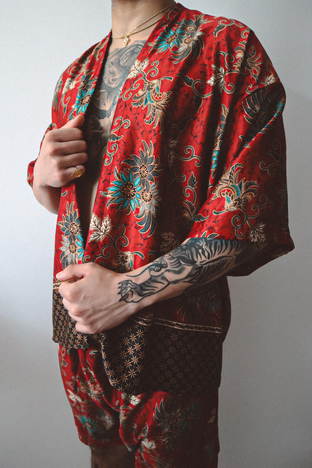 Red Floral Silk Kimono Shorts Set Mens - Camellia