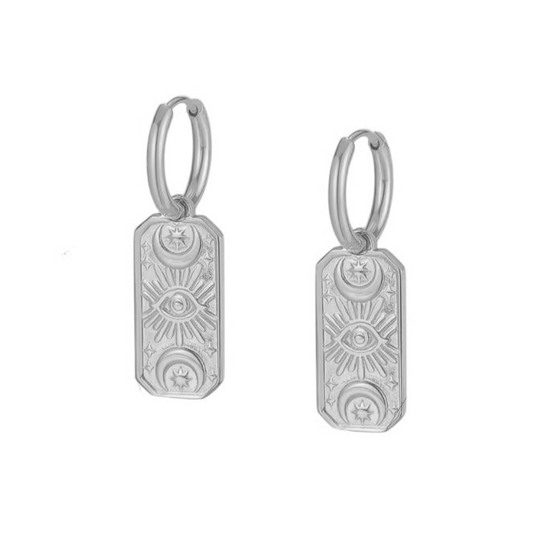 LUNAR GAZE Evil Eye Dangle Charm Hoop Earrings Silver