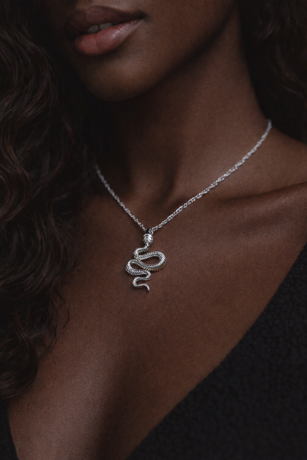 SERPENT Snake Pendant Necklace Silver