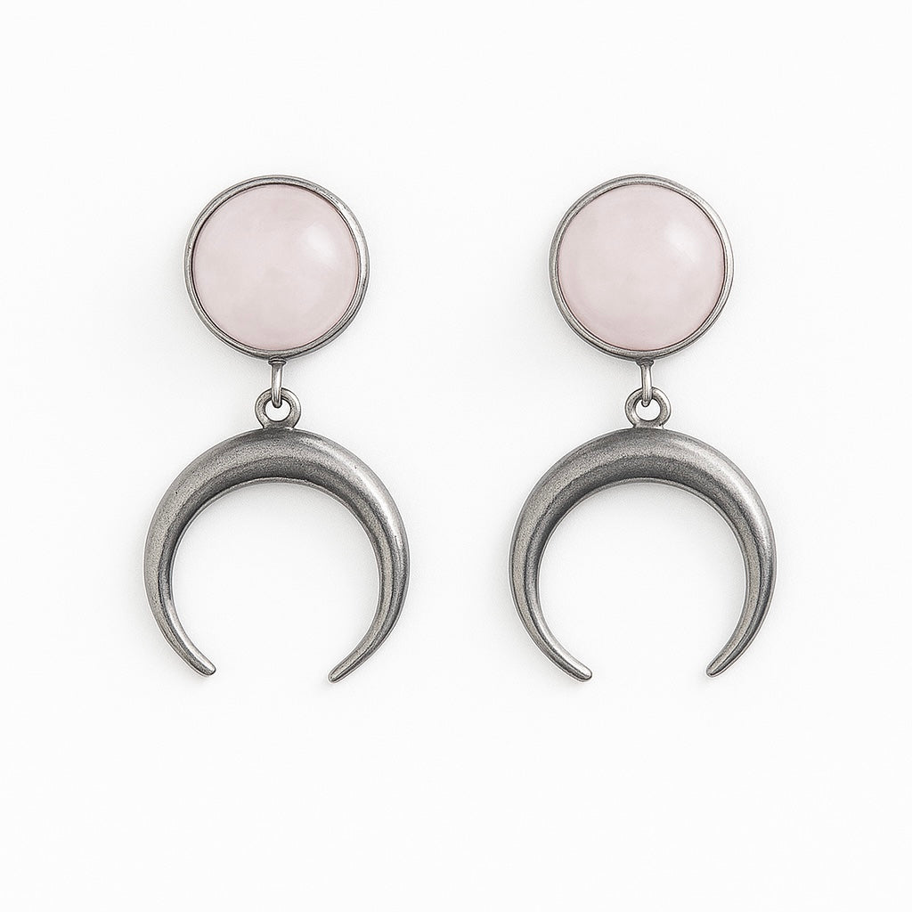 ANUK Rose Quartz Crescent Moon Charm Earrings Silver