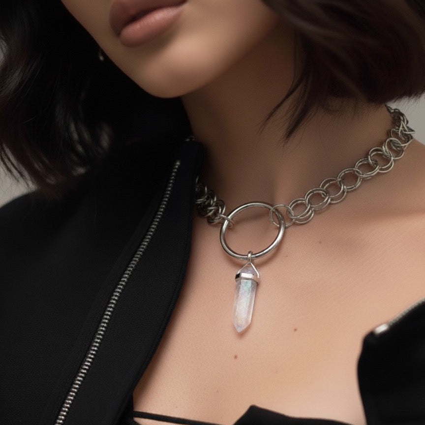 CODE OF AURA Rainbow Aura Quartz Chainmail O Ring Choker Necklace