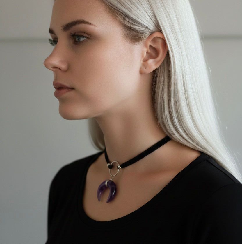 ASTRA Amethyst Crescent Moon O Ring Choker Silver