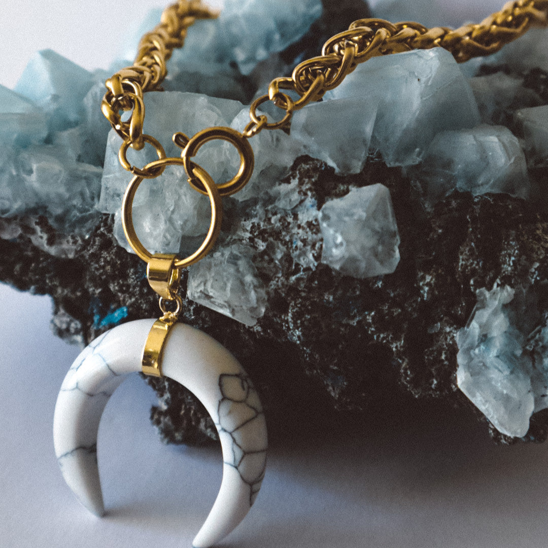 Collier ras du cou en forme de corne de pierre précieuse avec anneau en O et chaîne de blé - Or