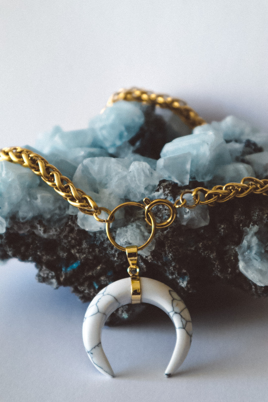 Collier ras du cou en forme de corne de pierre précieuse avec anneau en O et chaîne de blé - Or