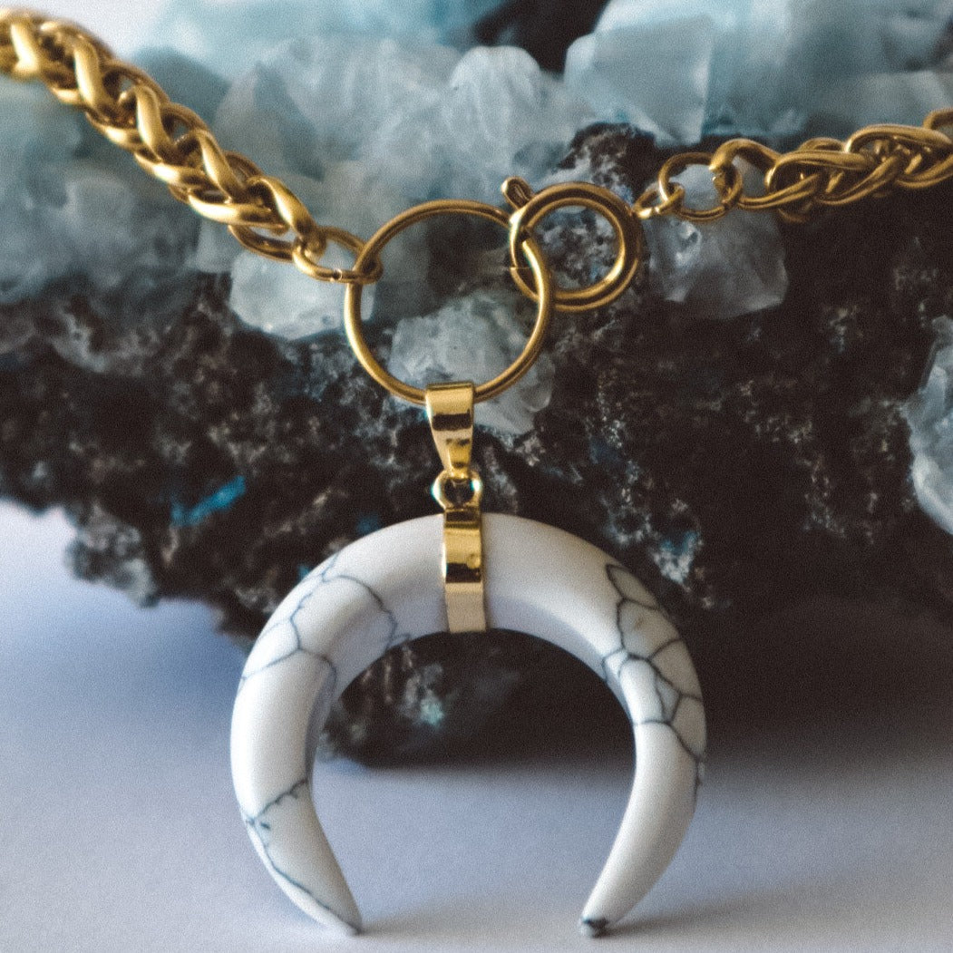 Collier ras du cou en forme de corne de pierre précieuse avec anneau en O et chaîne de blé - Or