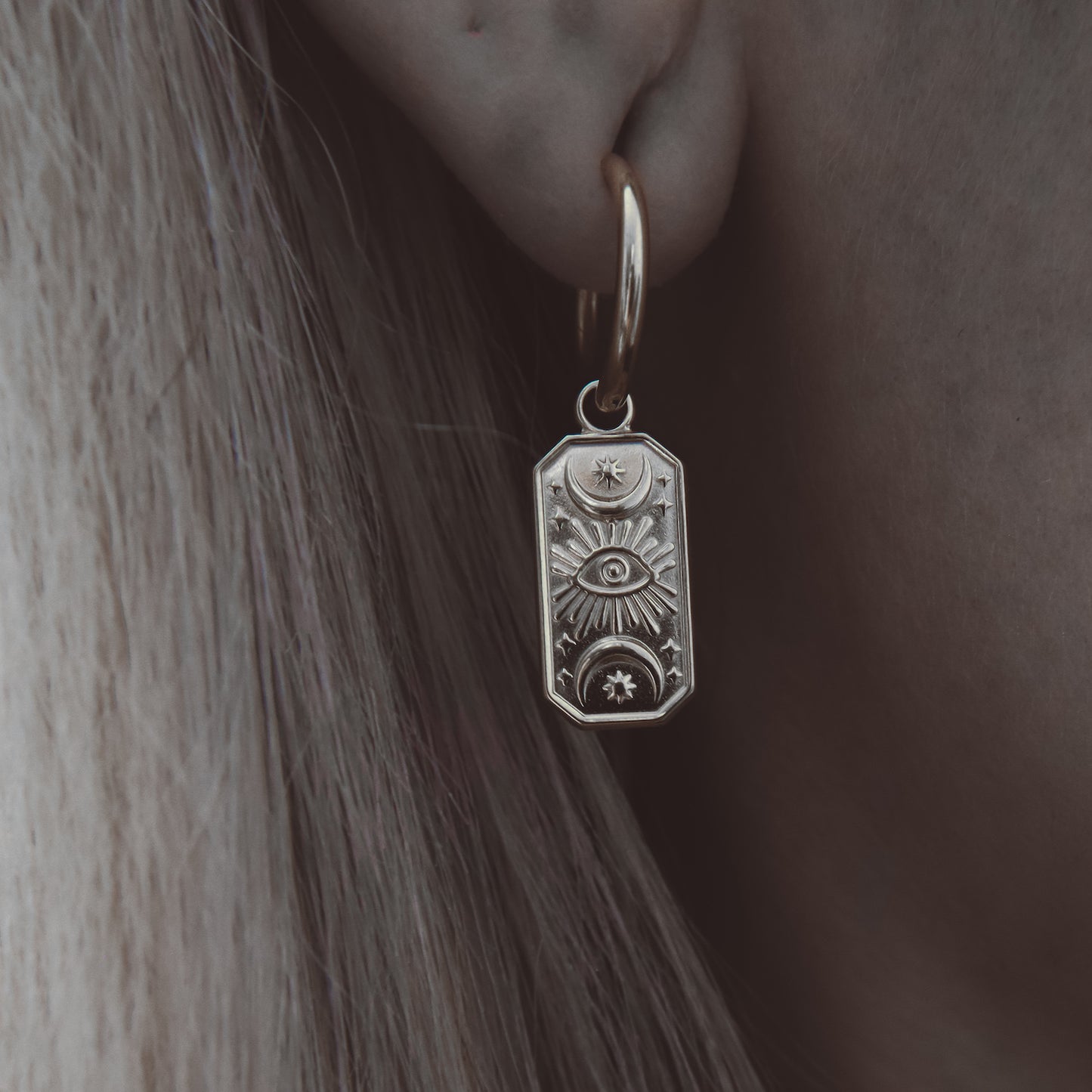 LUNAR GAZE Evil Eye Dangle Charm Hoop Earrings Silver