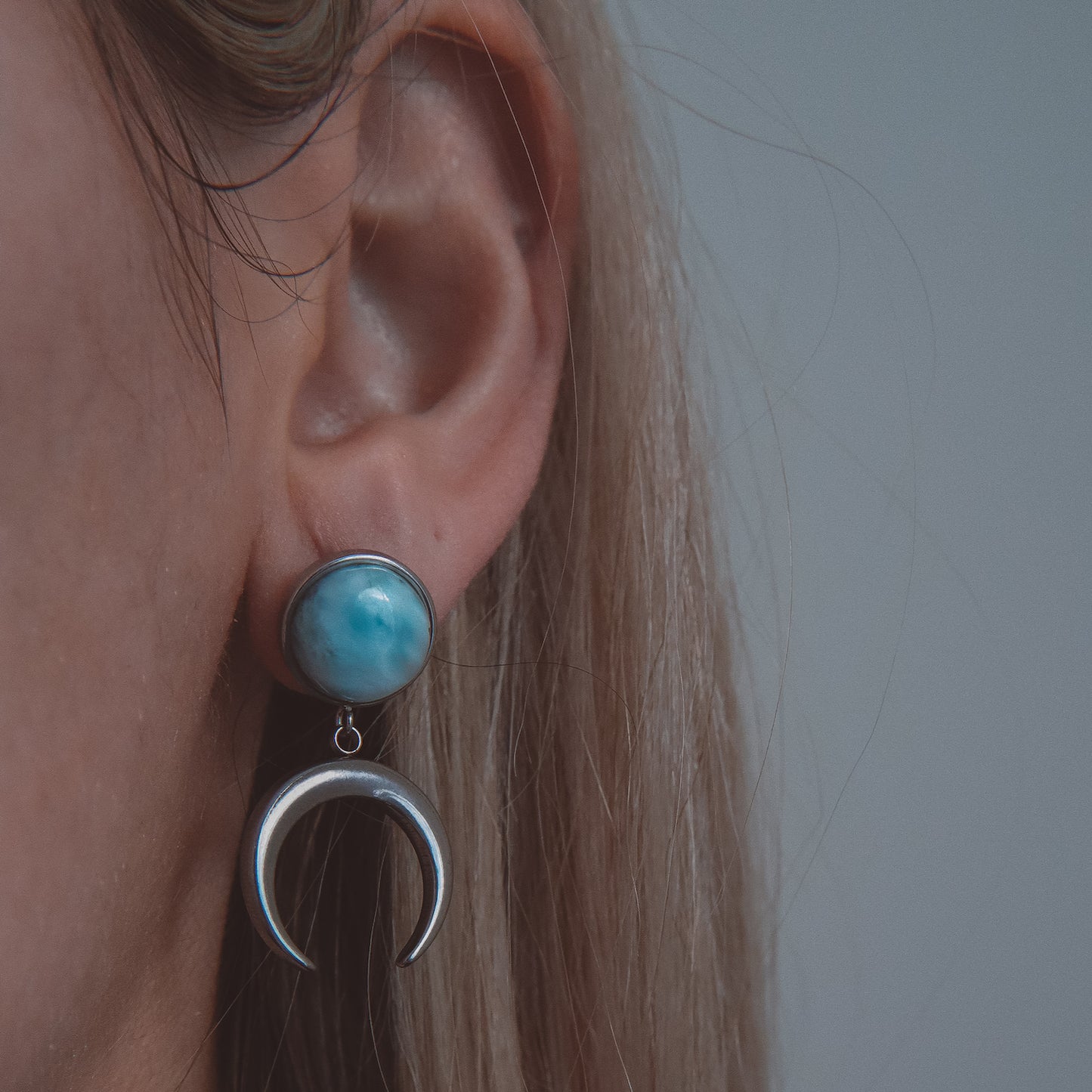 ANUK Blue Larimar Crescent Moon Charm Earrings Silver