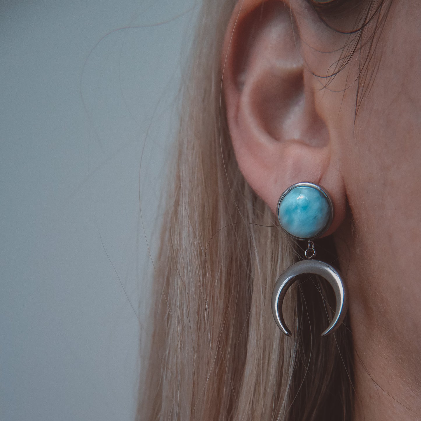 ANUK Blue Larimar Crescent Moon Charm Earrings Silver