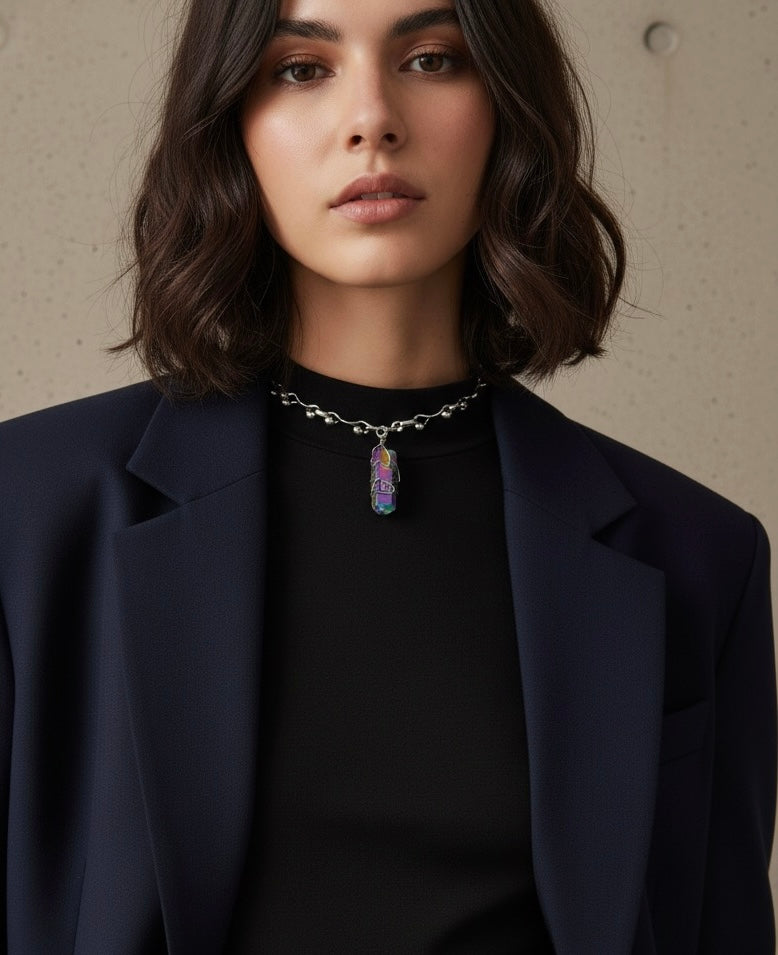 Woman wearing a black blazer and black top with a colorful necklace against a neutral background