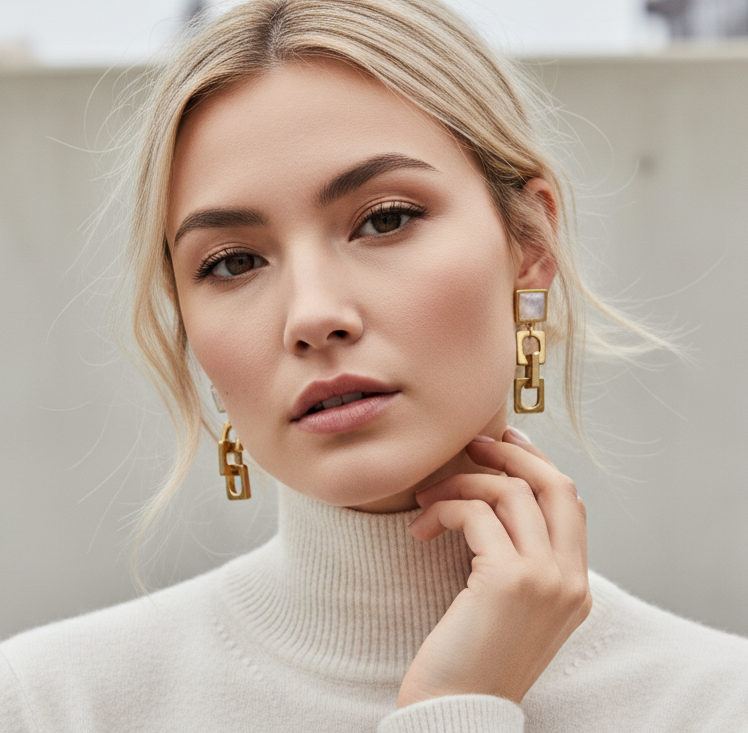 Woman wearing gold earrings with a neutral background