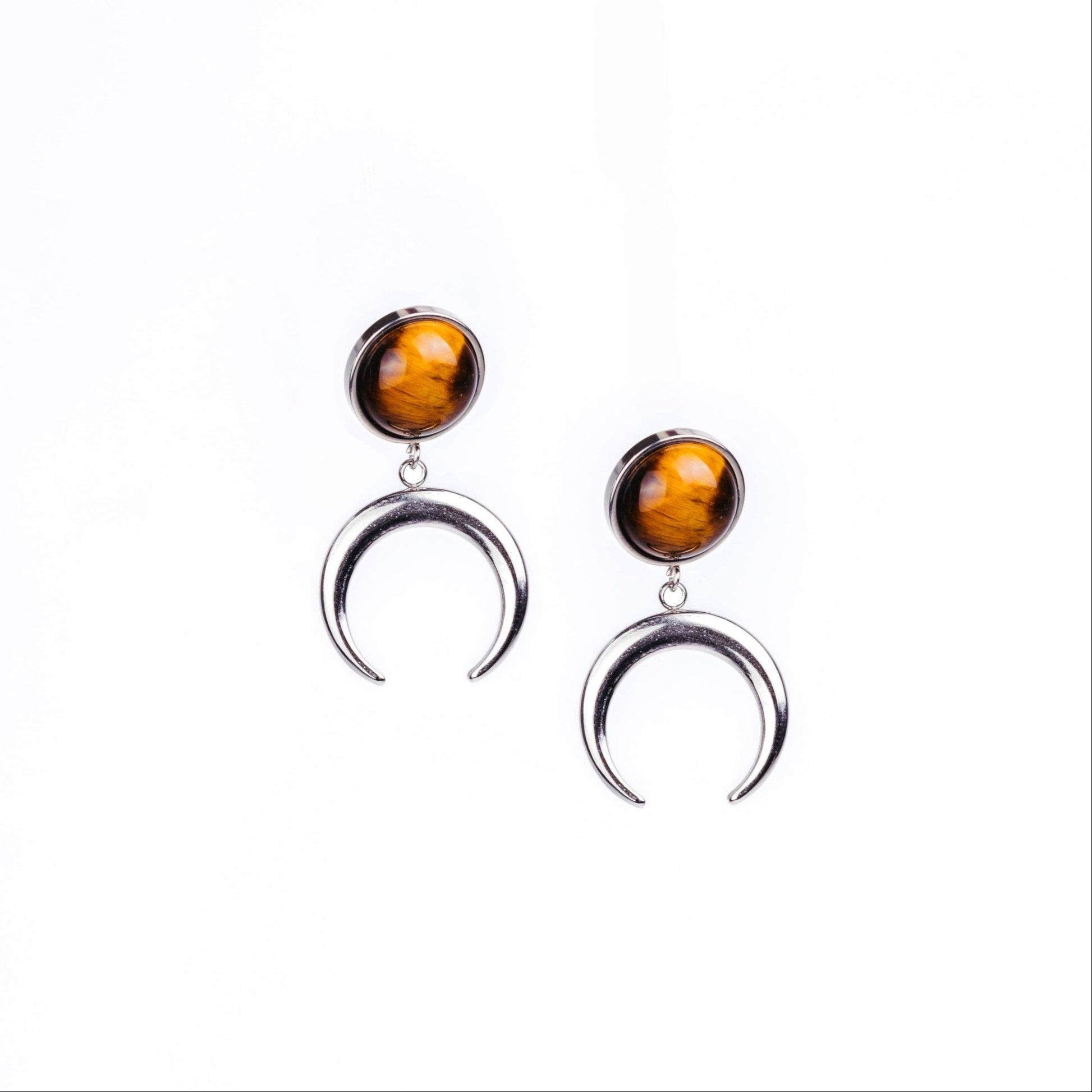 ANUK Tiger's Eye Stud Crescent Moon Earrings Silver - s o l i s t i a l