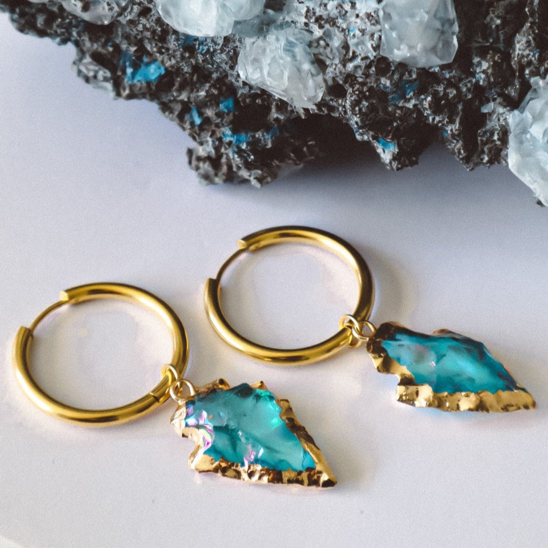 Aqua Aura Quartz Arrowhead Earrings Gold - s o l i s t i a l