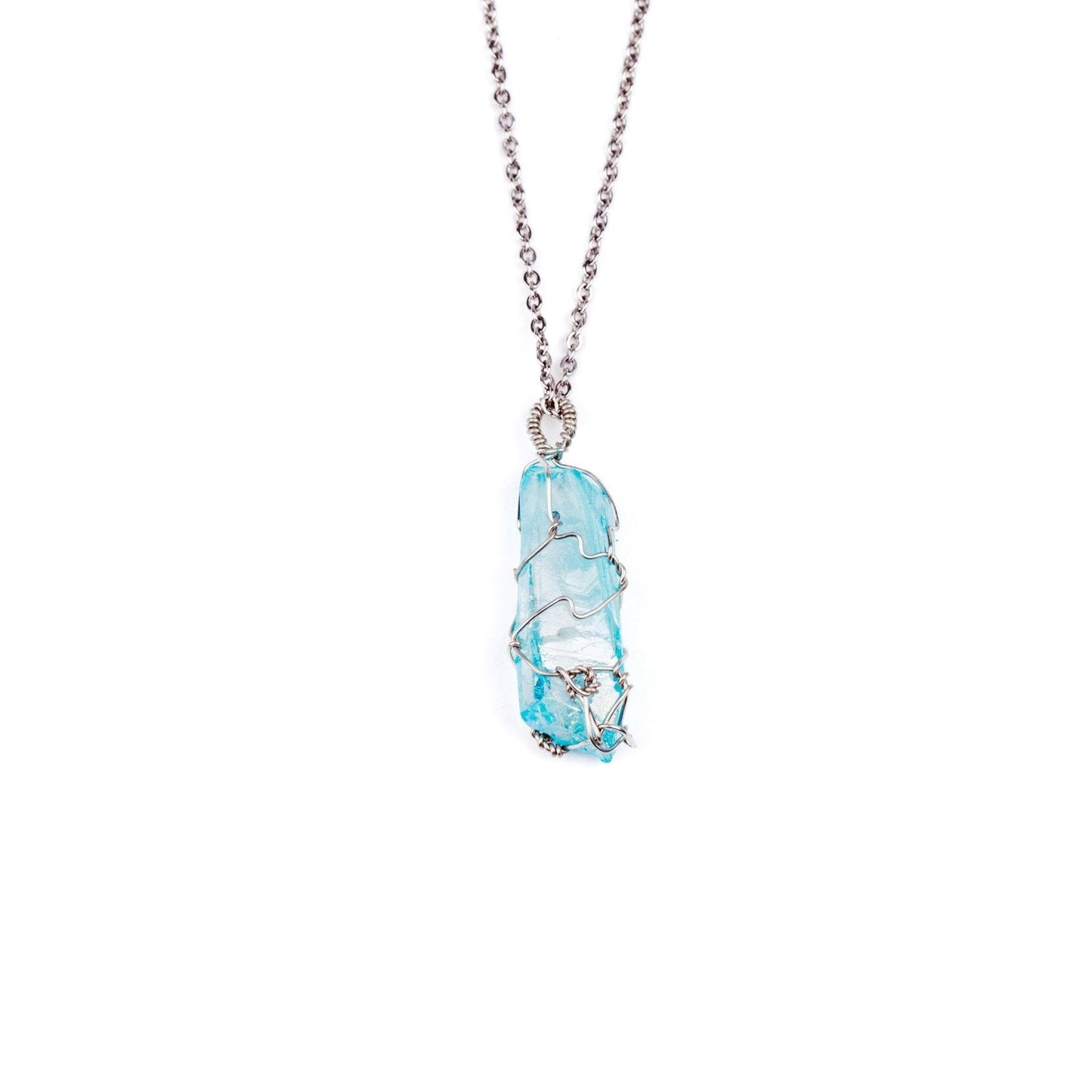 Aqua Aura Quartz Wire Wrapped Necklace - Silver - s o l i s t i a l